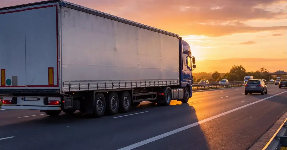 Caminhão de carga transportando contêiner de importação em rodovia brasileira após retirada em porto, representando a última milha logística e o trânsito aduaneiro.