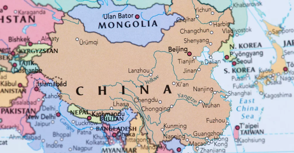Mapa da China ilustrando o blog sobre rotas Marítimas Brasil-China